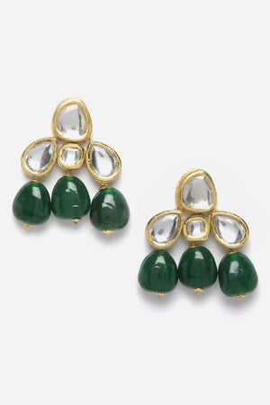 Green And Gold Drop Earring With Kundan And Pearls (DGED23063)