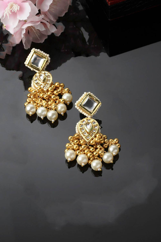 Gold And White Drop Earring With Kundan And Pearls