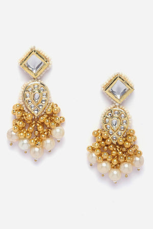 Gold And White Drop Earring With Kundan And Pearls