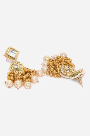 Gold And White Drop Earring With Kundan And Pearls