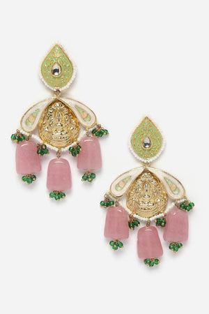 Pink And Green Drop Earring With Kundan And Pearls