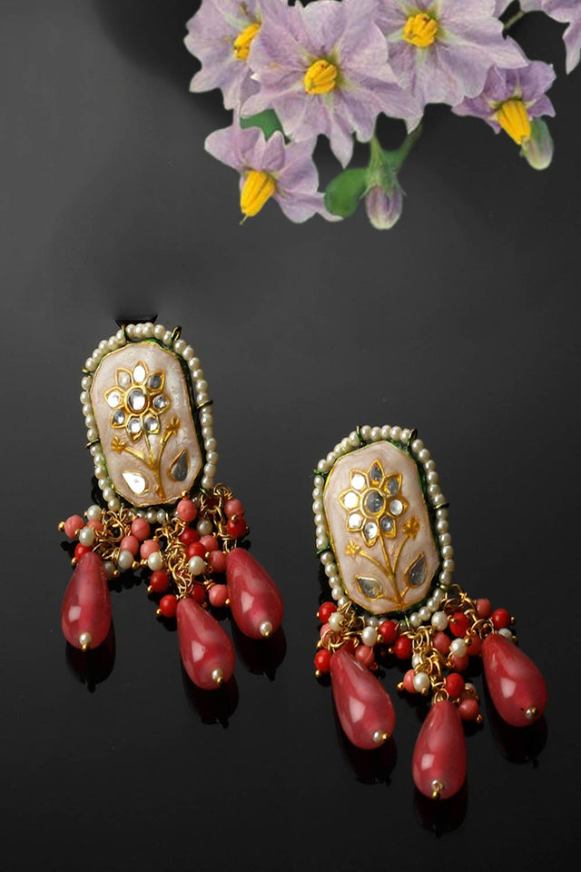 Peach And Pink Drop Earring With Kundan And Pearls
