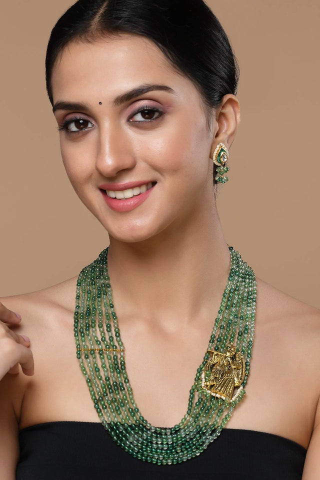 Green And Cream Drop Earring With Kundan And Pearls