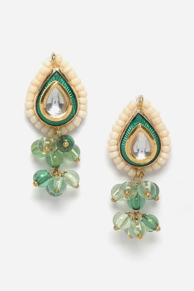 Green And Cream Drop Earring With Kundan And Pearls
