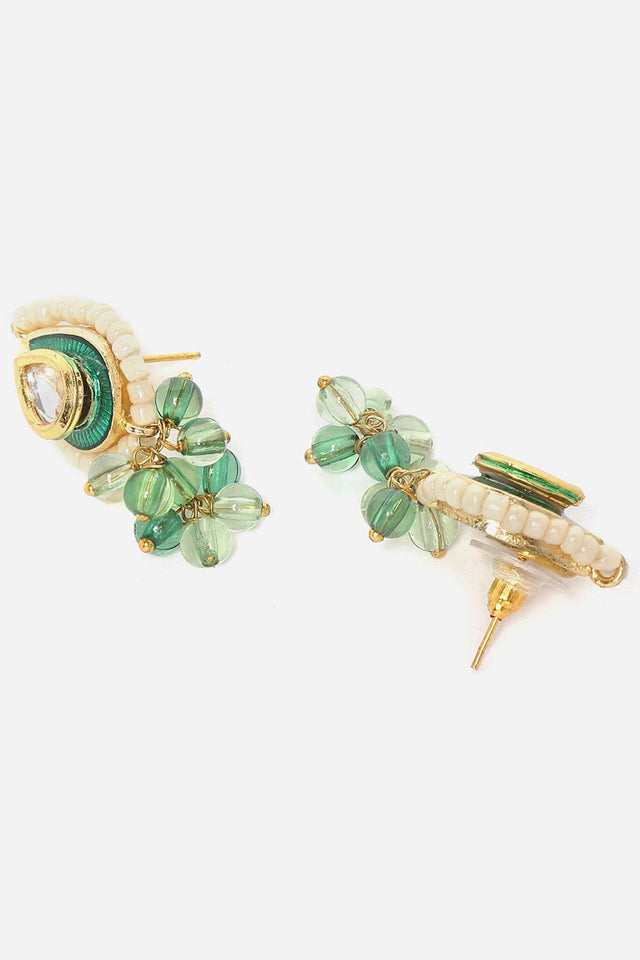 Green And Cream Drop Earring With Kundan And Pearls
