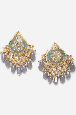 Grey And Green Drop Earring With Kundan And American Diamonds