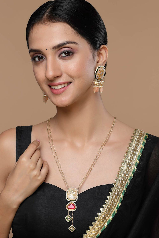 Peach And Pink Drop Earring With Pearls And Natural Stones