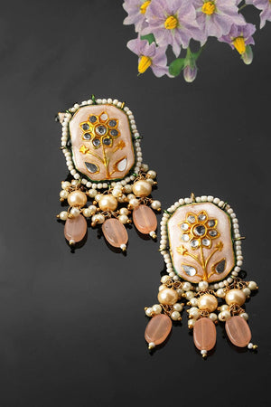 Peach And Pink Drop Earring With Pearls And Natural Stones