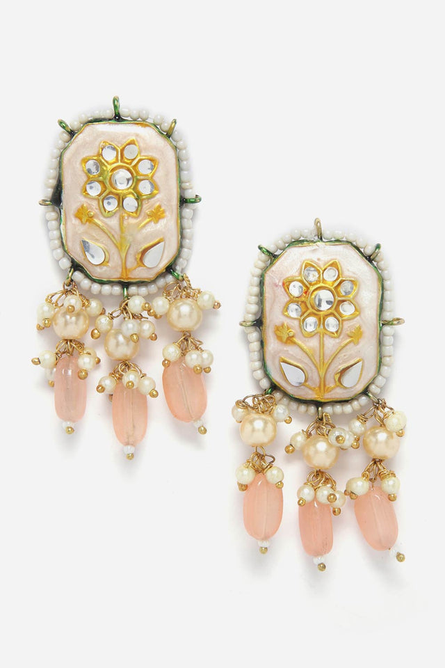 Peach And Pink Drop Earring With Pearls And Natural Stones