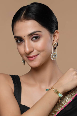 Red And Gold Drop Earring With Kundan And American Diamonds