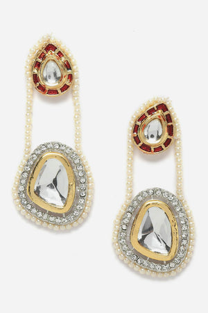 Red And Gold Drop Earring With Kundan And American Diamonds