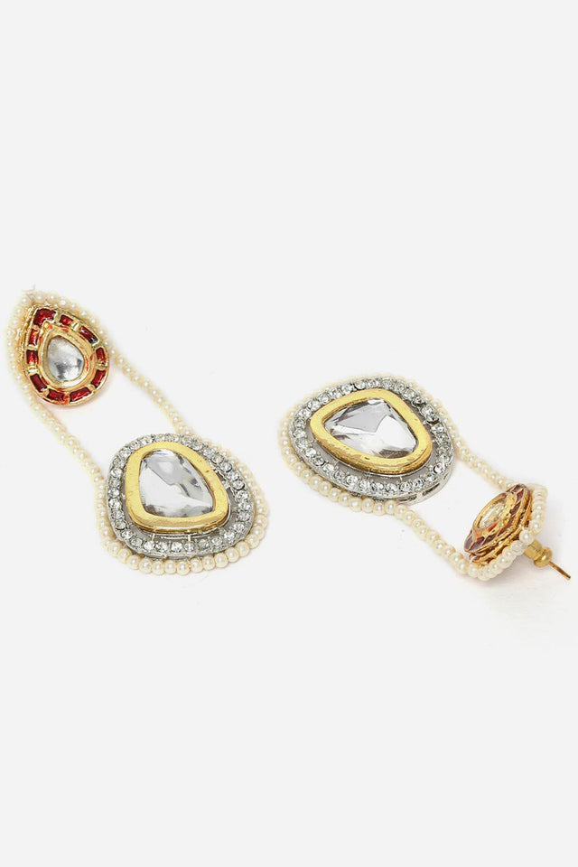 Red And Gold Drop Earring With Kundan And American Diamonds