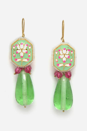 Green And Pink Drop Earring With Kundan And Pearls