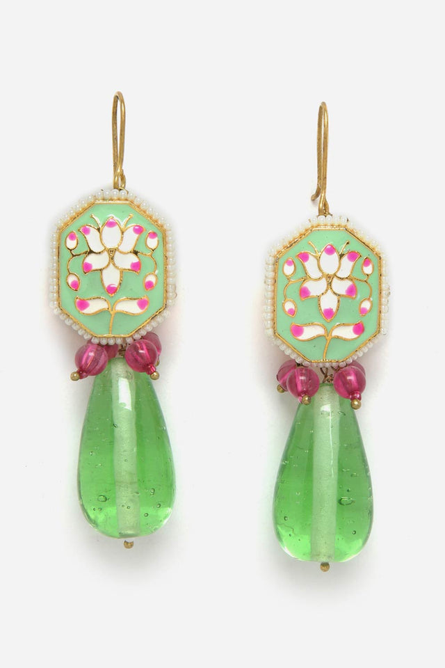 Green And Pink Drop Earring With Kundan And Pearls