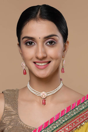 Pink And Gold Drop Earring With Kundan And Pearls