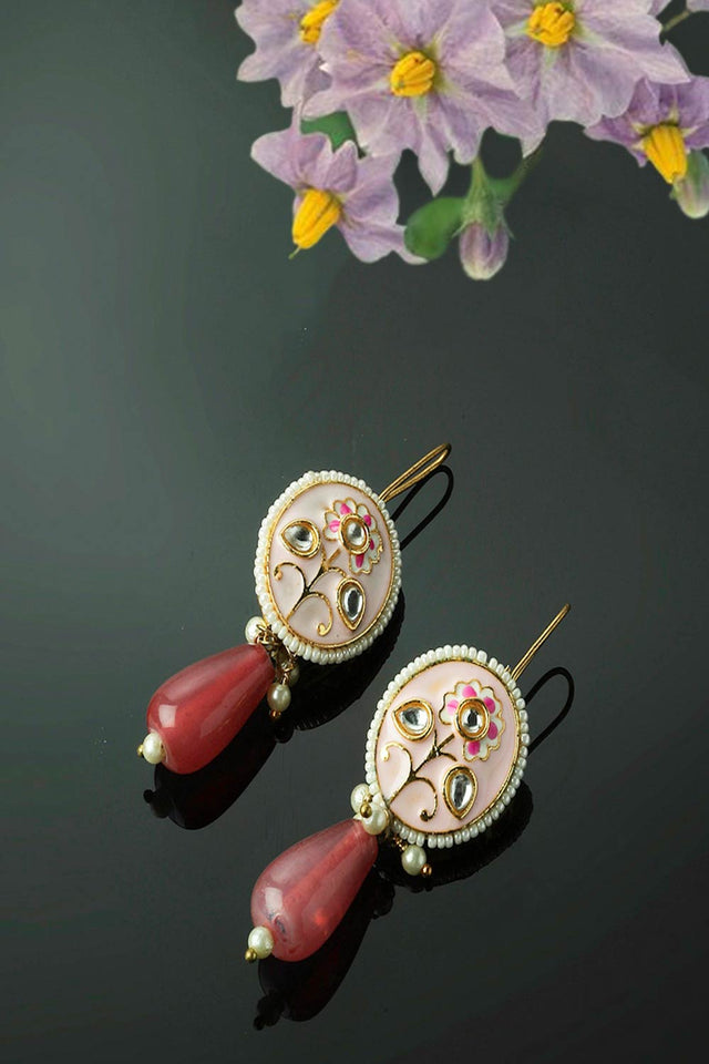 Pink And Gold Drop Earring With Kundan And Pearls
