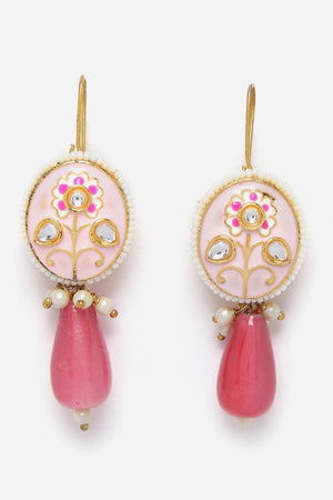 Pink And Gold Drop Earring With Kundan And Pearls