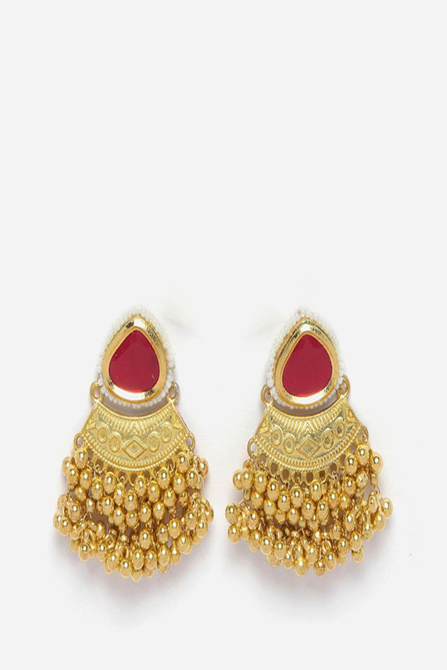 Red And Gold Drop Earring With Kundan And Pearls