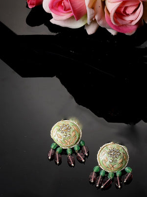 Green And Peach Drop Earring With Kundan And Pearls (DGED23079)