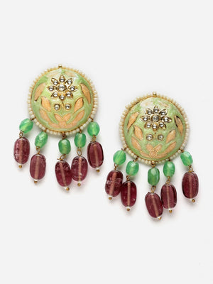 Green And Peach Drop Earring With Kundan And Pearls (DGED23079)