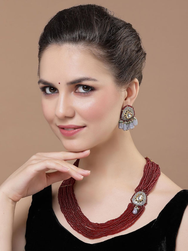 Grey And Red Drop Earring With Kundan And Pearls
