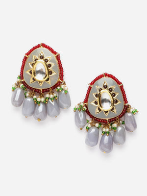 Grey And Red Drop Earring With Kundan And Pearls
