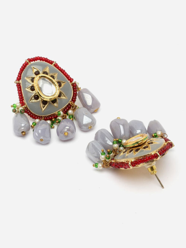 Grey And Red Drop Earring With Kundan And Pearls