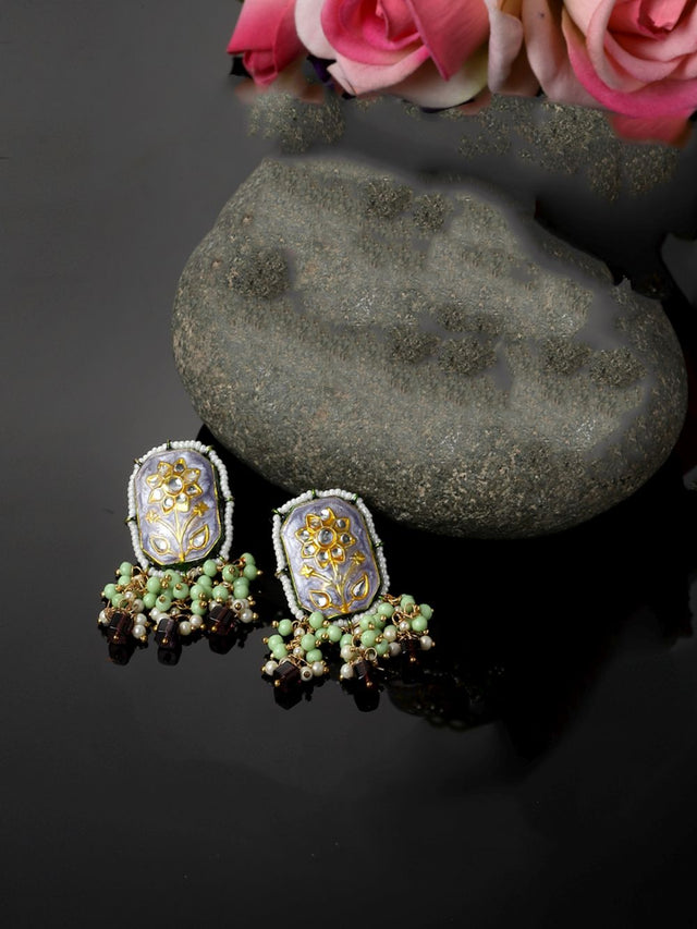 Blue And Green Drop Earring With Kundan And Pearls