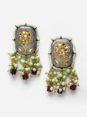Blue And Green Drop Earring With Kundan And Pearls
