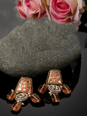 Orange And Gold Drop Earring With Kundan And American Diamonds