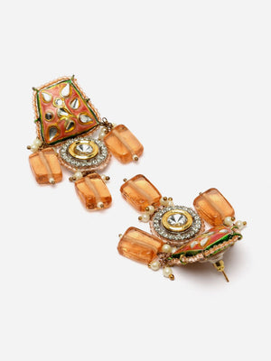 Orange And Gold Drop Earring With Kundan And American Diamonds