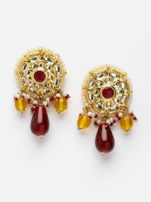 Maroon And Yellow Drop Earring With Kundan And Pearls