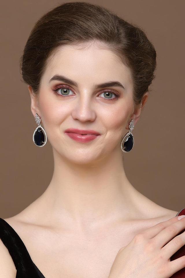 Blue And Silver Drop Earring With American Diamond And Natural Stones