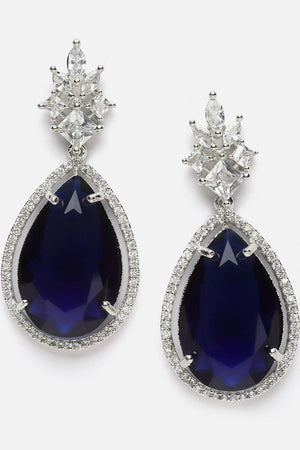 Blue And Silver Drop Earring With American Diamond And Natural Stones