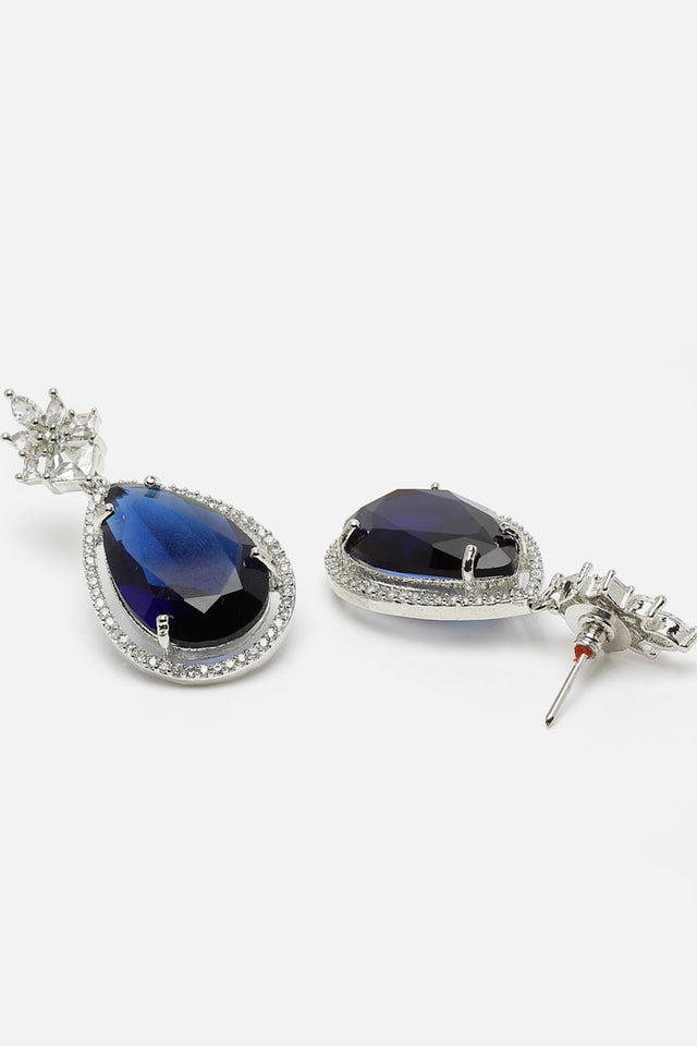 Blue And Silver Drop Earring With American Diamond And Natural Stones