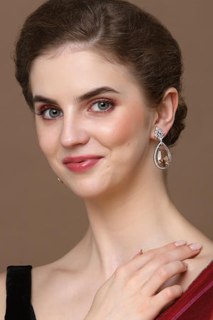 Orange And Silver Drop Earring With American Diamond And Natural Stones