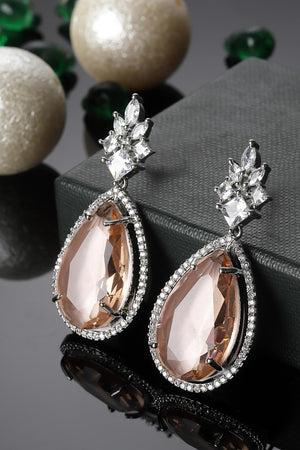 Orange And Silver Drop Earring With American Diamond And Natural Stones