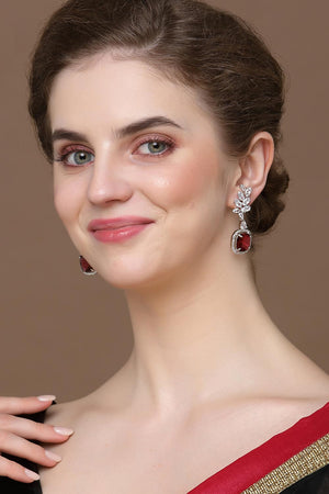 Red And Silver Drop Earring With American Diamond And Natural Stones