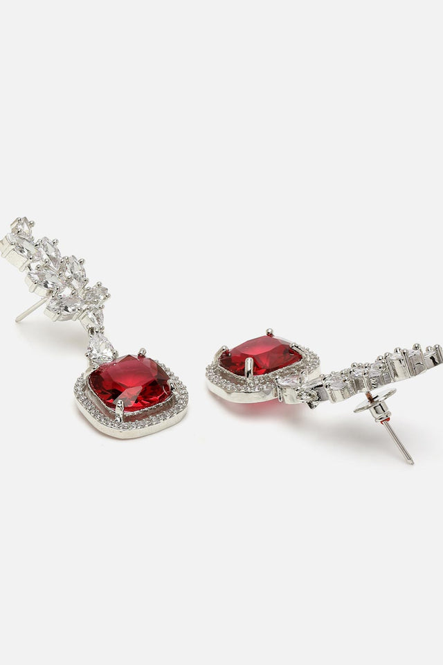 Red And Silver Drop Earring With American Diamond And Natural Stones