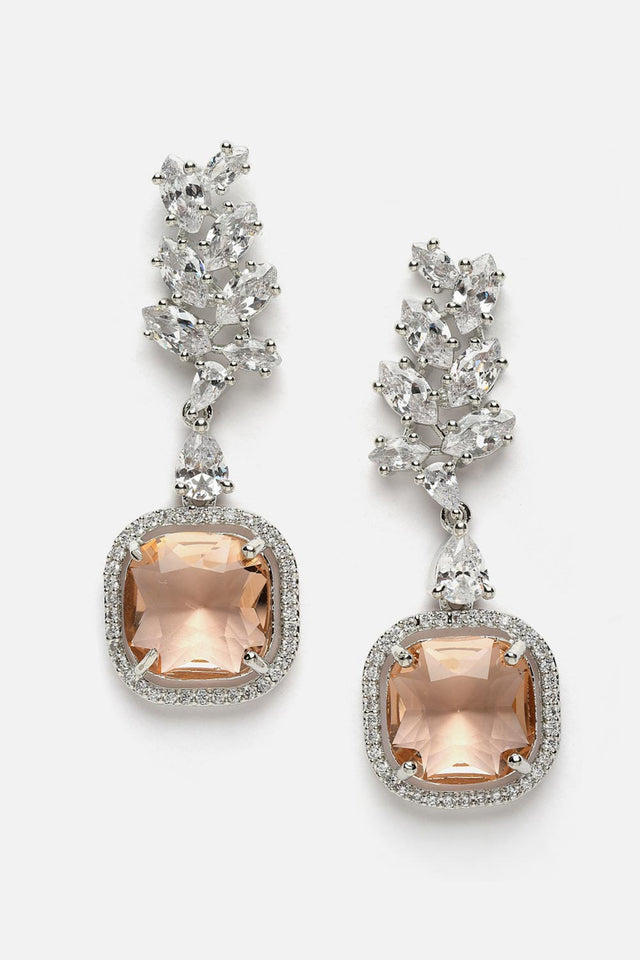 Orange And Silver Drop Earring With American Diamond And Natural Stones