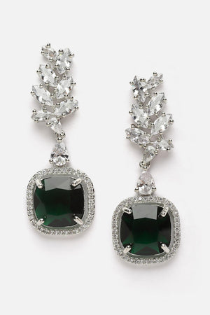 Green And Silver Drop Earring With American Diamond And Natural Stones