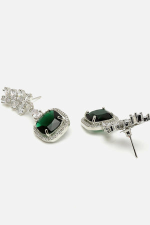 Green And Silver Drop Earring With American Diamond And Natural Stones