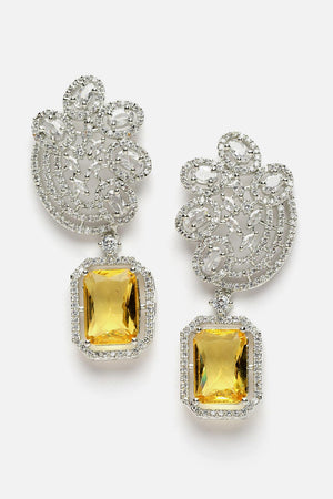 Yellow And Silver Drop Earring With American Diamond And Natural Stones