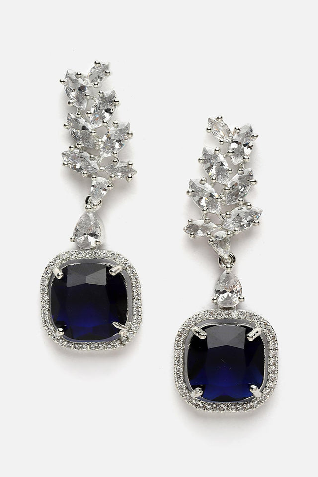 Blue And Silver Drop Earring With American Diamond And Natural Stones