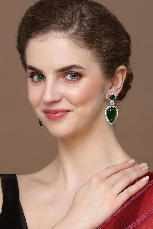 Green And Silver Drop Earring With American Diamond And Natural Stones