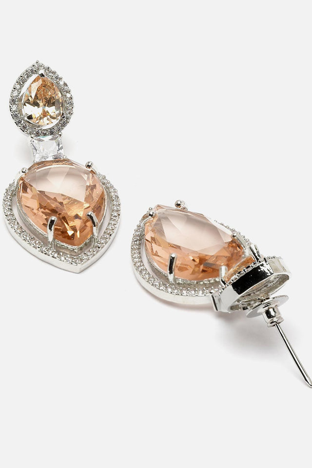 Orange And Silver Drop Earring With American Diamond And Natural Stones