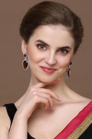 Red And Silver Drop Earring With American Diamond And Natural Stones