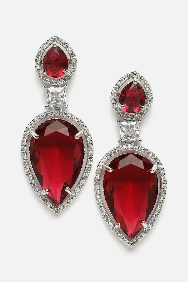 Red And Silver Drop Earring With American Diamond And Natural Stones