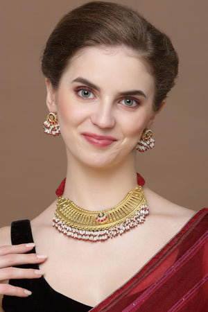 Red And Gold Drop Earring With Kundan And Pearls