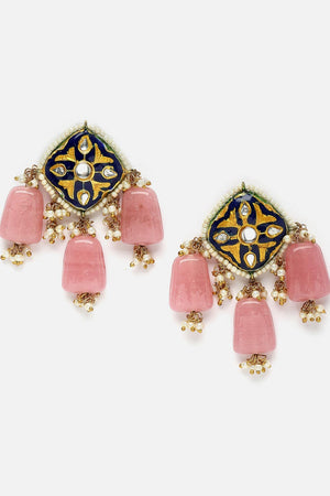 Pink And Blue Drop Earring With Kundan And Pearls